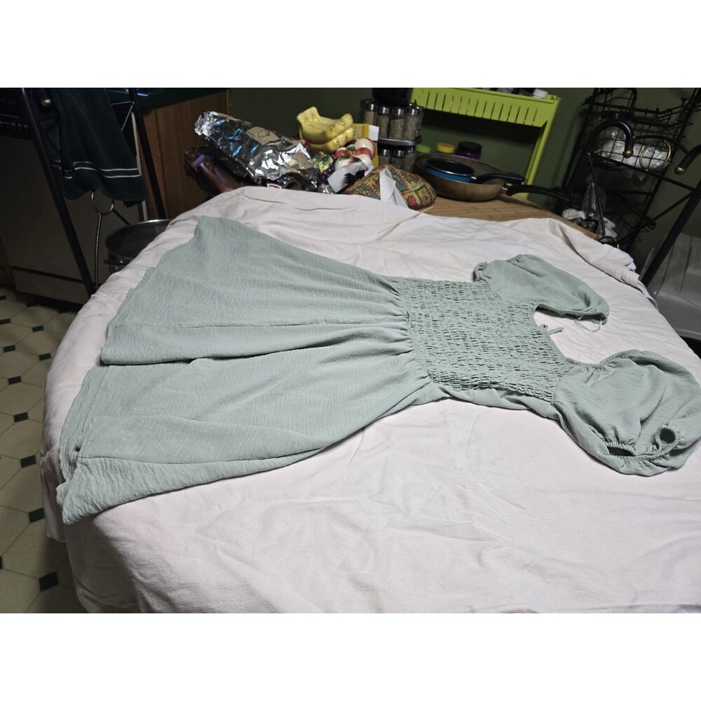 DRESS Streetwear Society L.  Dress Casual Short Puff Sleeve Mint Green - Picture 13 of 16